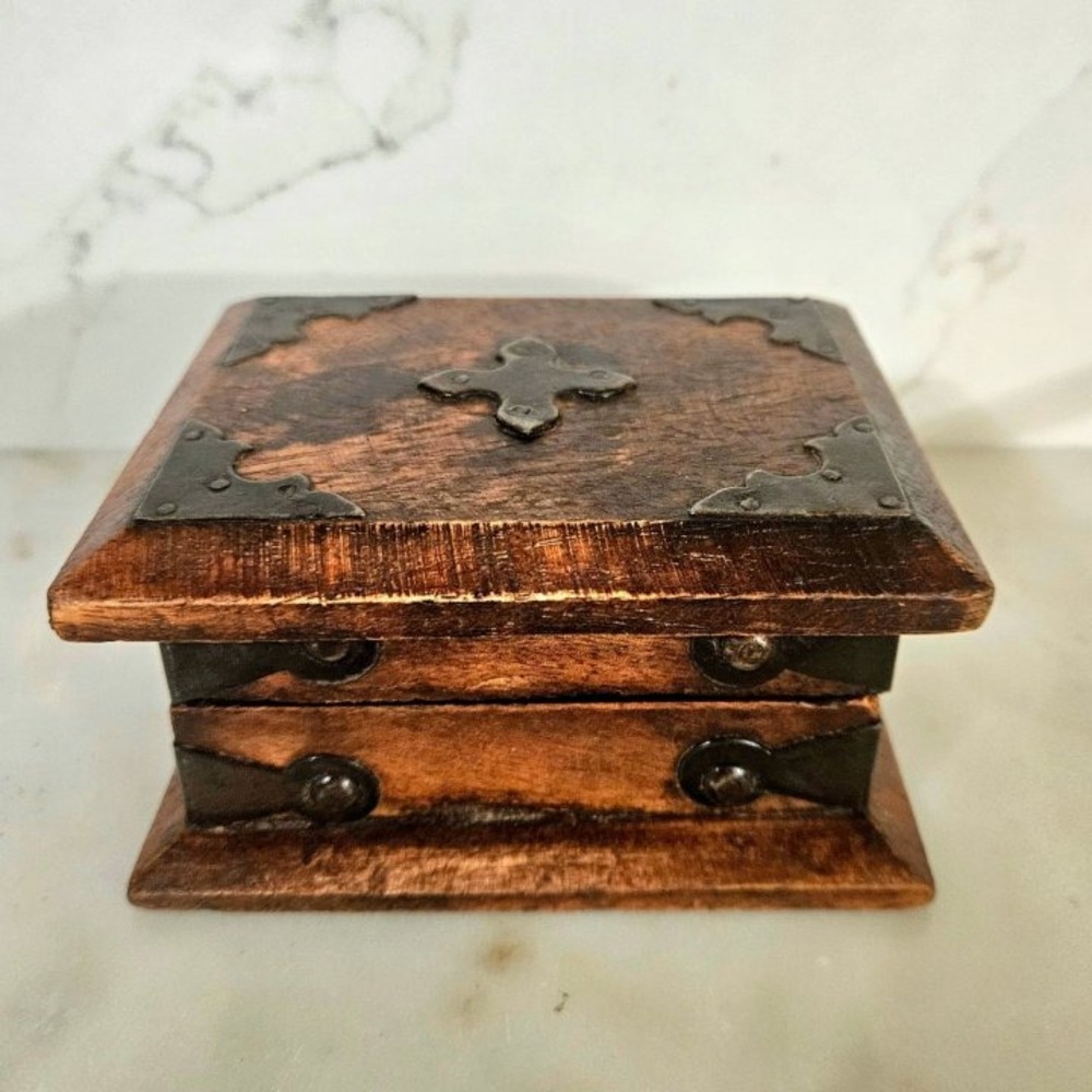 Handcrafted Rustic Wooden Trinket Box with Decorative Metal Accents
